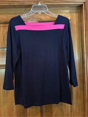 Lauren Ralph Lauren Navy 3/4 Sleeve Top with Hot Pink Trim